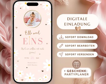 Invitation for a girl's 1st birthday (edible) | Canva digital template | Daisy design with photo | WhatsApp mobile format