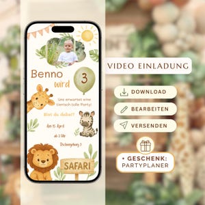 Video Geburtstagseinladung Safari - Personalisierbare Canva Vorlage mit Safaritieren - Geburtstag Einladung digital für WhatsApp & Druck