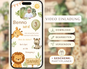 Video Birthday Invitation Safari - Customizable Canva Template with Safari Animals - Digital Birthday Invitation for WhatsApp & Print