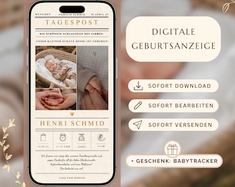Digital birth announcement | Customizable Canva template | Announce birth via WhatsApp | Baby welcome card | Digital birth announcement