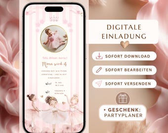 Ballerina digital invitation | Girls' birthday invitation | Editable Canva template | Send via WhatsApp | Tutu birthday