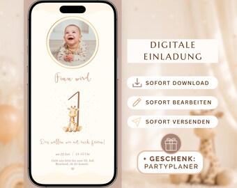 1st Birthday Invitation | Giraffe Safari Birthday | Canva Template | Editable Birthday Invitation | Neutral Beige | Digital Download