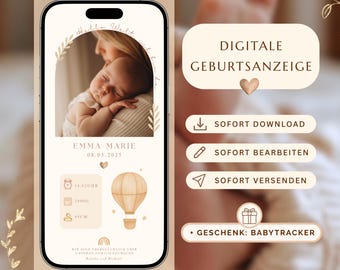 Birth announcement boy girl hot air balloon | Editable Canva template | Digital baby welcome card | WhatsApp birth announcement with photo