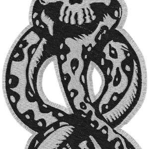 May include: Embroidered patch featuring a skull atop a snake in a vertical design. The skull and snake are black with gray shading, and the patch has a gray border. This patch is suitable for jackets, bags, or other fabric items.