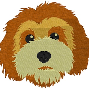 Puede incluir: Cara de perro bordada con un hocico de color beige claro, nariz negra y ojos negros. El pelaje del perro es una mezcla de beige claro, beige medio y marrón oscuro. La cara del perro está centrada.