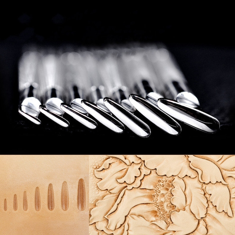 Pu&ograve; includere: Un set di 12 strumenti per intagliare il cuoio argentati con punte di diverse forme. Gli strumenti sono disposti in fila, con le punte rivolte verso lo spettatore. Gli strumenti vengono utilizzati per creare disegni sul cuoio.
