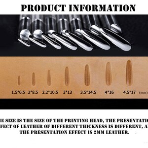 Pu&ograve; includere: Un set di 10 strumenti per la stampa su cuoio di diverse dimensioni, che vanno da 3,8 cm a 11,4 cm. Gli strumenti sono in metallo e hanno una punta arrotondata. L'immagine include anche una descrizione di testo delle dimensioni degli strumenti in pollici e millimetri. La dimensione &egrave; la dimensione della testa di stampa, l'effetto di presentazione del cuoio di diverso spessore &egrave; diverso, e l'effetto di presentazione &egrave; di 2 mm di cuoio.