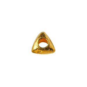 May include: Gold triangle bead with a hole in the center. The bead has a textured surface.