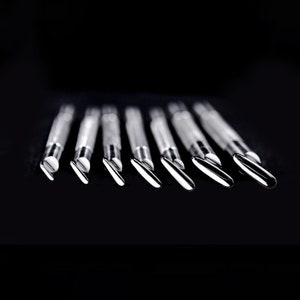 Pu&ograve; includere: Un set di dieci strumenti in metallo argentato con punte di diverse forme, disposti in fila su una superficie nera.