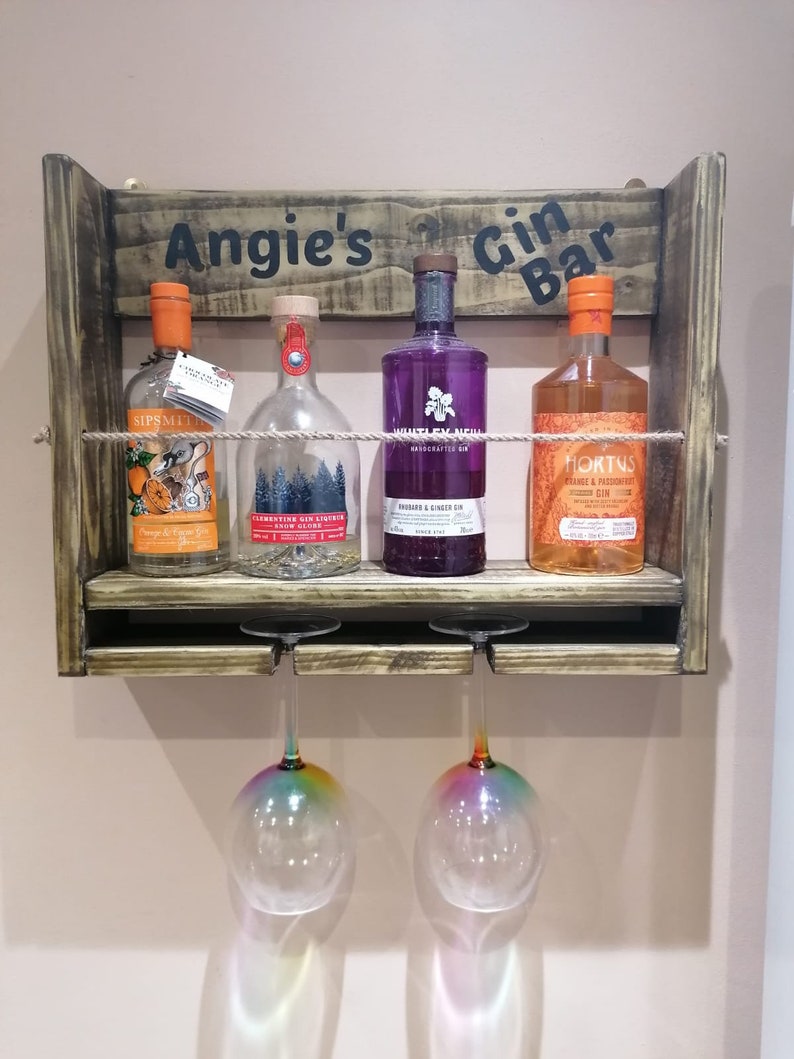 Personalised handmade wooden gin shelf gin bar bottle and Etsy