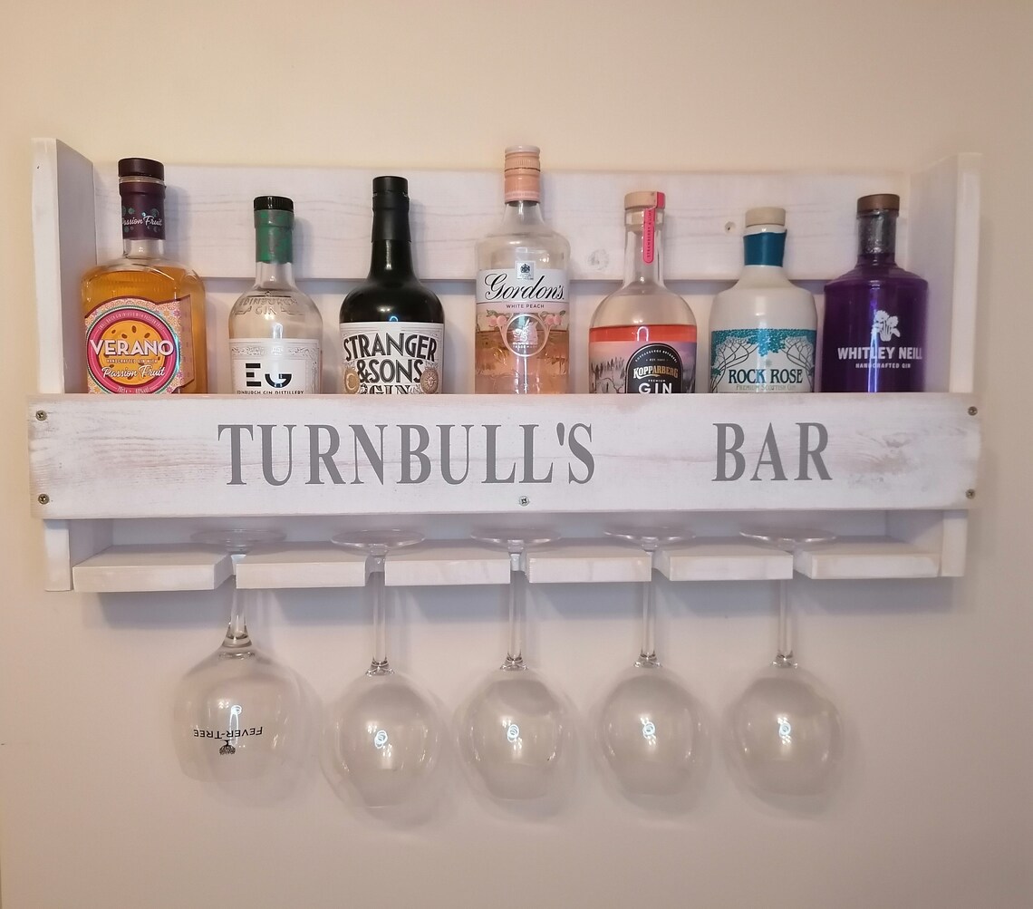 Handmade wooden rustic Gin shelf gin bar glass and bottle Etsy