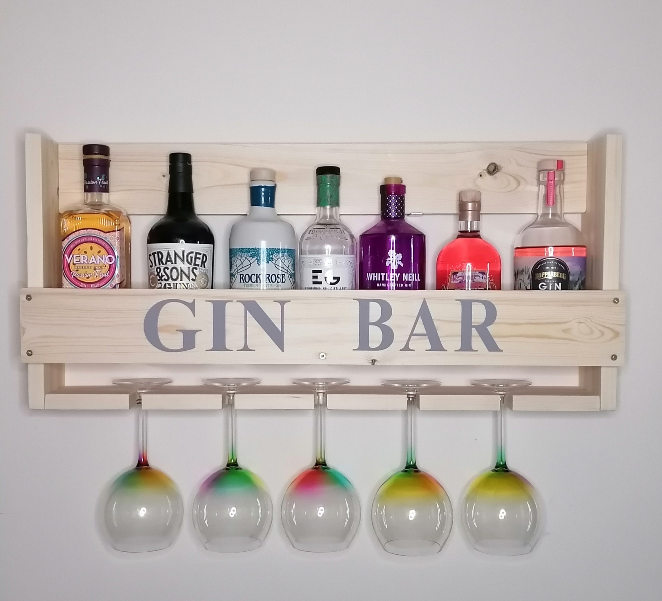 Handmade wooden rustic Gin shelf gin bar glass and bottle Etsy