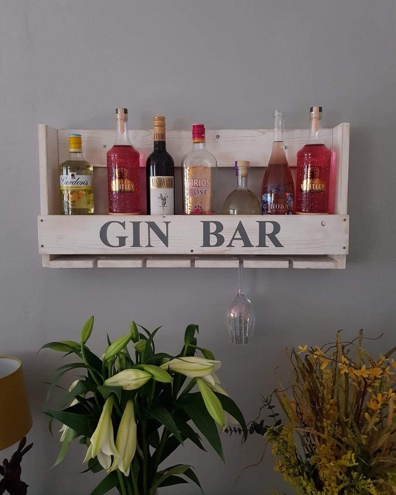 Handmade wooden rustic Gin shelf gin bar glass and bottle Etsy