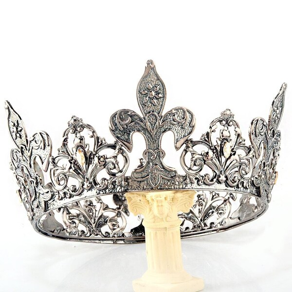 Baroque Vintage Royal King Crown for Men | Full Round Silver Crown | Rhinestone Tiara King Crown | Pageant Diadem | Costume Hair Accessories