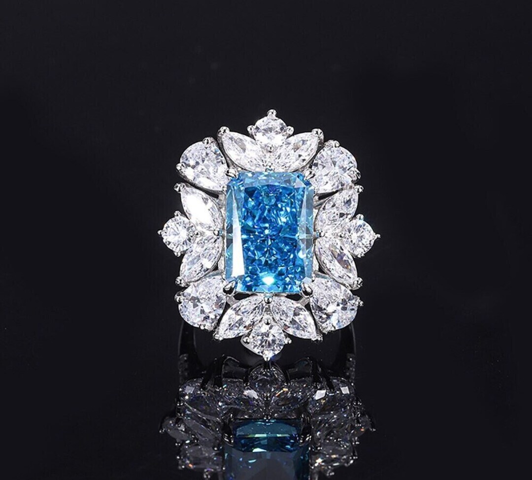 Statement Aquamarine Ring Emerald Cut Lab Made Aquamarine Etsy