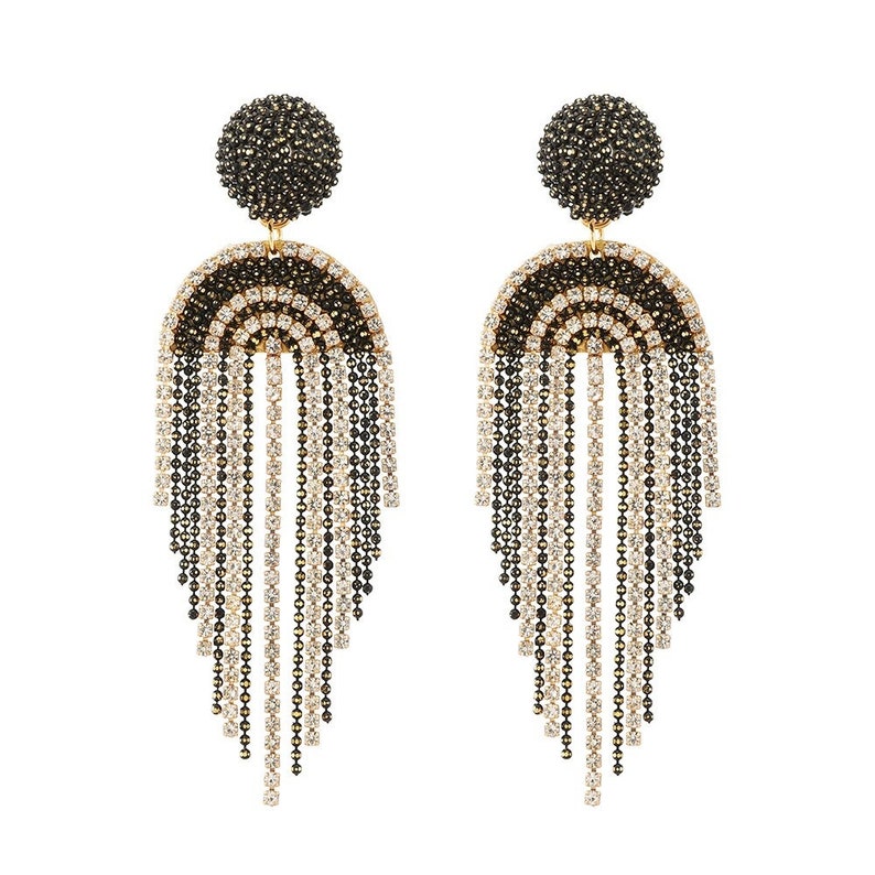 Bridal Black Crystal Earrings Rhinestone Long Tassel Gold Etsy