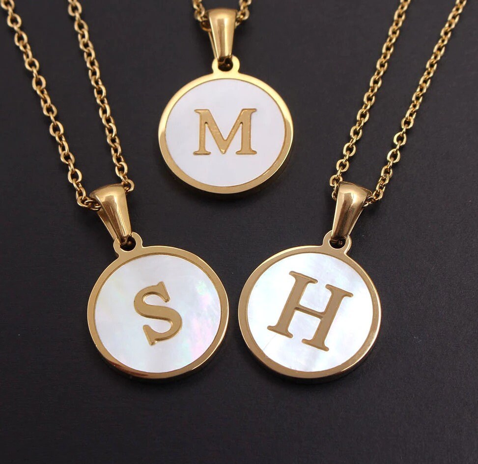 Gold Mother of Pearl Initial Necklace/18K Gold | Etsy