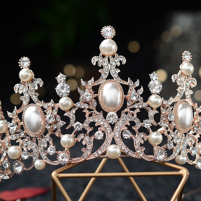 Gold Crystal Pearl Bridal Tiaras Crown Rhinestone Pageant Etsy