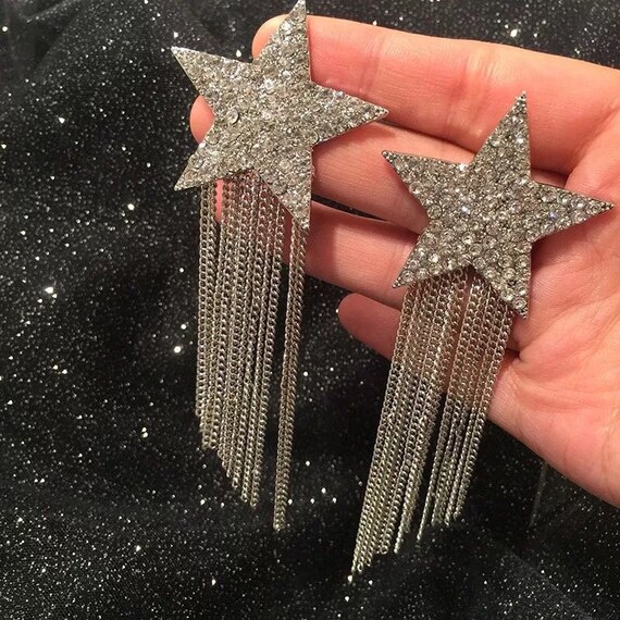 Bridal Silver Star Tassel Crystal Earrings Rhinestone Long Tassel
