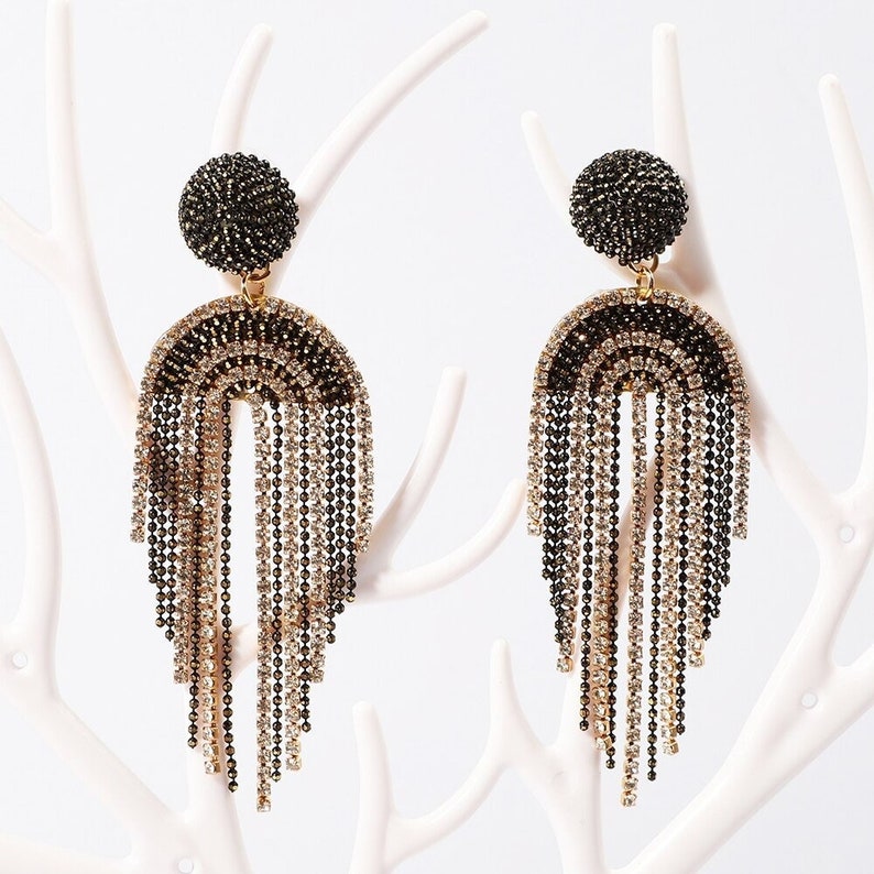 Bridal Black Crystal Earrings Rhinestone Long Tassel Gold Etsy