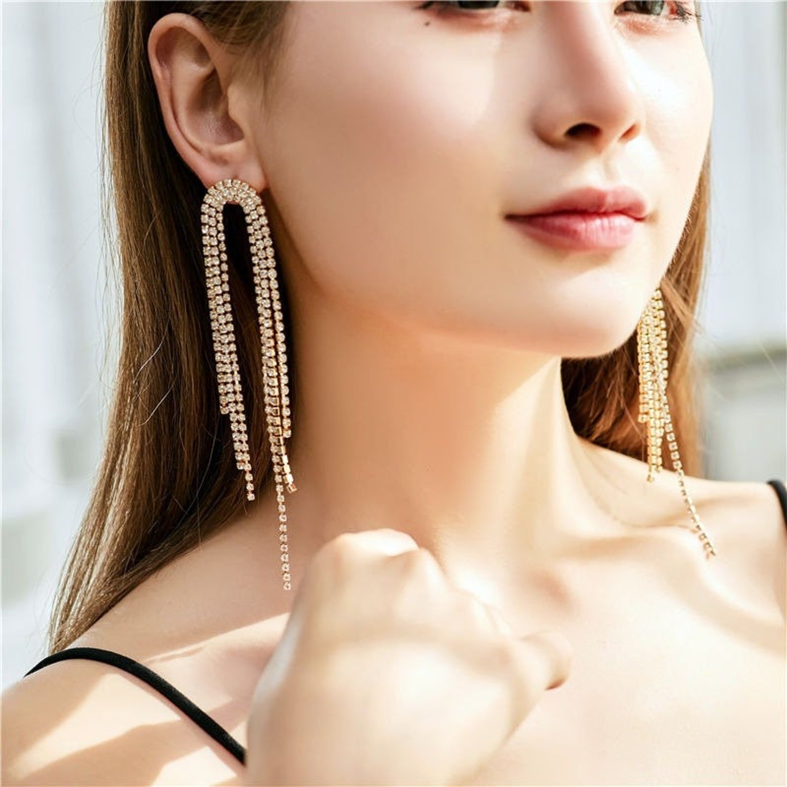 Gold Tassel Rhinestone Dangle Earrings Long Tassel Dangle Etsy