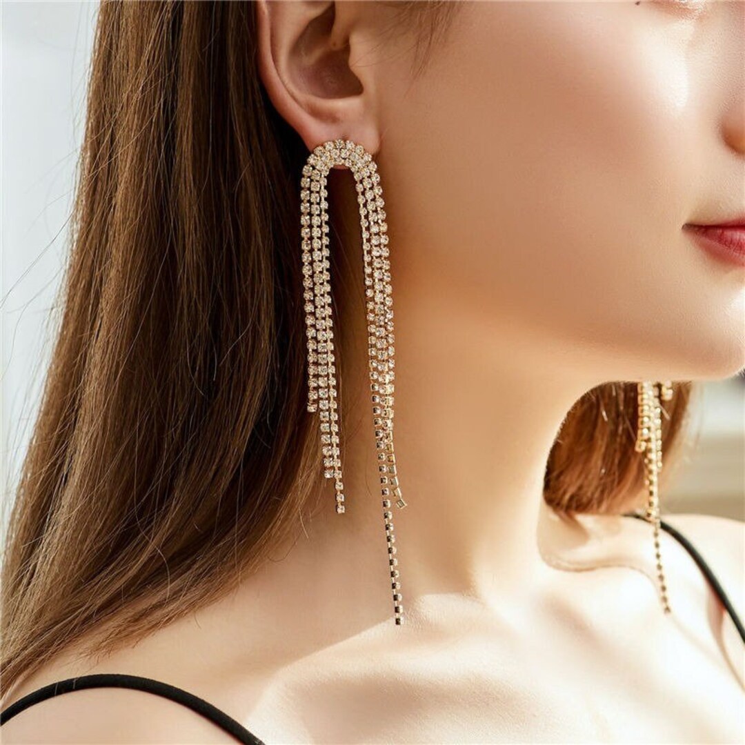 Gold Tassel Rhinestone Dangle Earrings Long Tassel Dangle Etsy