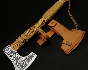 Custom Viking Axe: Engraved Carbon Steel Blade, Carved Wood Handle
