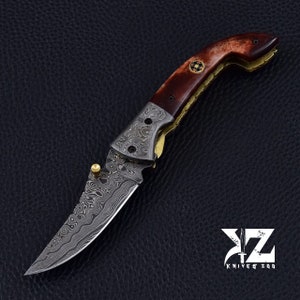 Hand Forged 9'' Damascus Folding Knife, Horn Handle, Leather Sheath