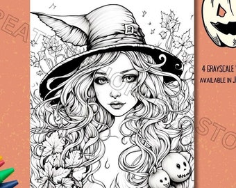 Cute witch  | Coloring Page | Printable Adult Kids Halloween Colouring Pages Instant Download Grayscale Illustration PDF | spooky, JPG