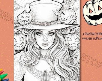 Pretty Spooky witch  | Coloring Page | Printable Adult Kids Halloween Colouring Pages Instant Download Grayscale Illustration PDF | JPG