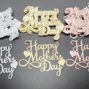 Pu&ograve; includere: Topper scintillanti "Happy Mother's Day" in argento, oro e oro rosa. Il testo in corsivo &egrave; accompagnato da cuori. Questi topper decorativi sono ideali per torte, cupcake o altri dolci festivi.