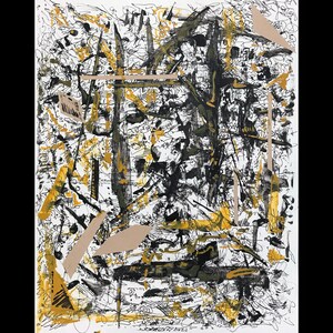 May include: Abstract art painting with black, white, and gold paint. The painting has a chaotic and energetic feel, with lines and shapes overlapping and intersecting.