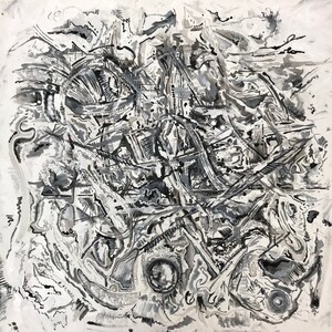 May include: Abstract black and white ink drawing with a chaotic and layered design. The artwork features a variety of lines, shapes, and textures, creating a sense of depth and movement.