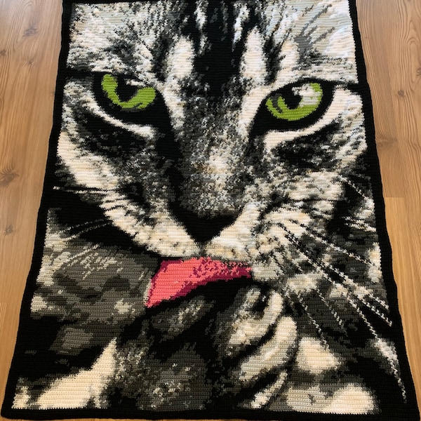 Cat, blanket, graphghan, portrait, crocheted