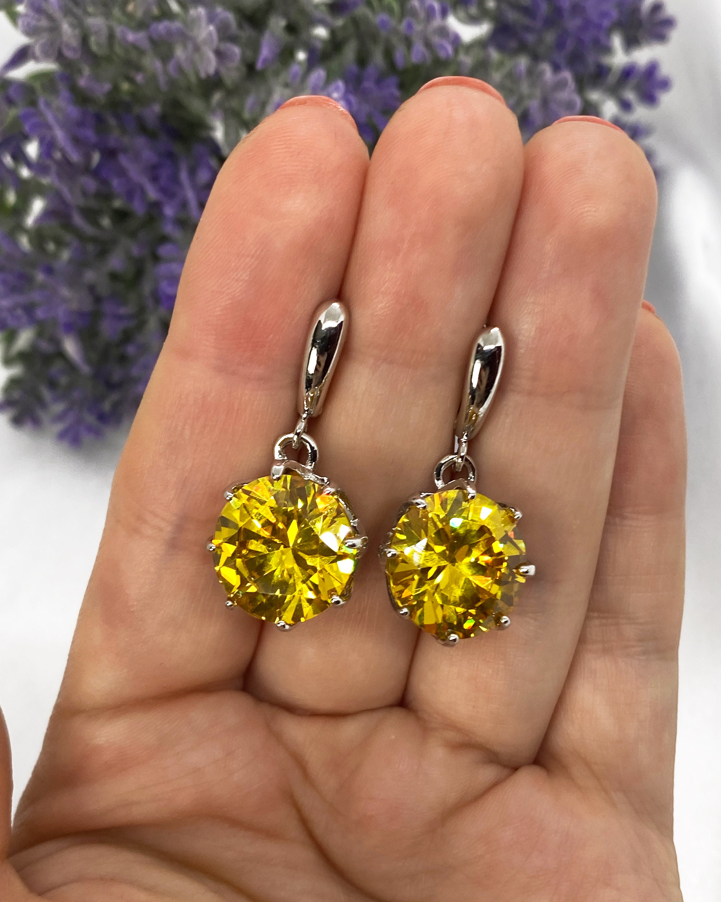 Canary Yellow CZ Earrings Sterling Silver Earrings Big stone Etsy