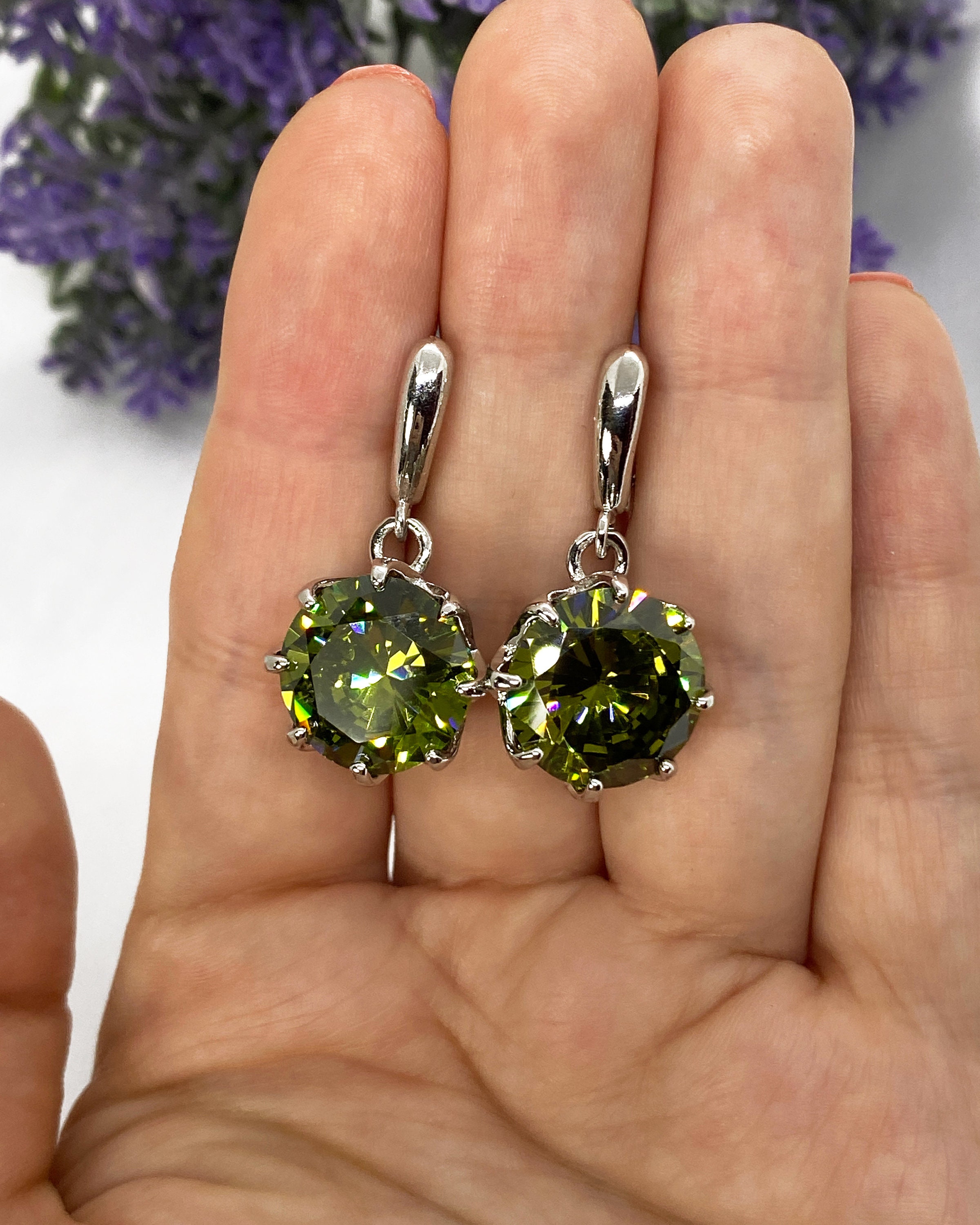 Olive Green CZ Earrings Sterling Silver Earrings Big stone Etsy