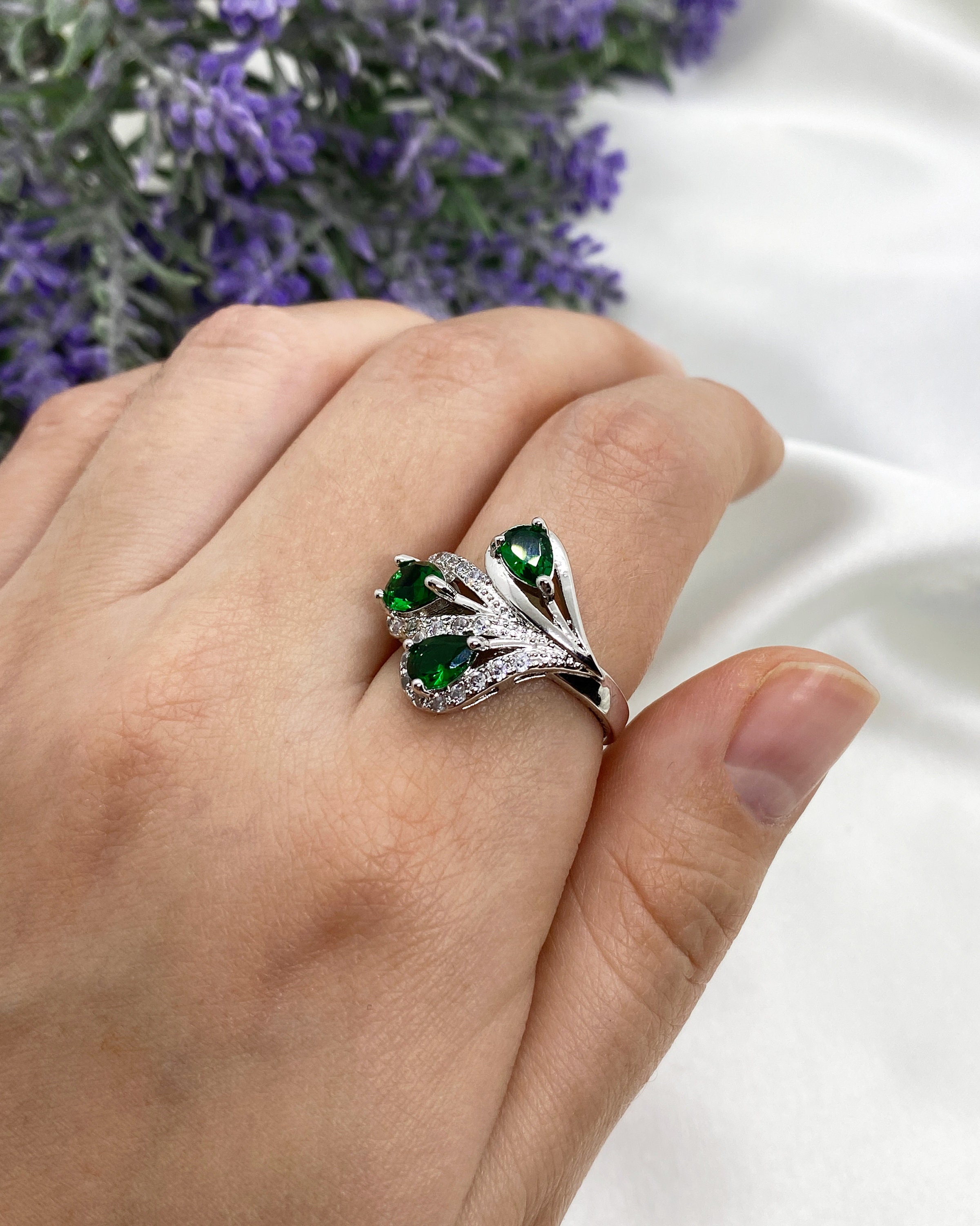 Sterling Silver Green CZ Ring Green stone Ring Statement Etsy