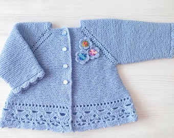 Warm Knitted Cardigan for 12-18 Months Blue Girl / Warm Knitted Sweater for Little Girl / Cardigan with Decoration for Girl / Knitted Gift