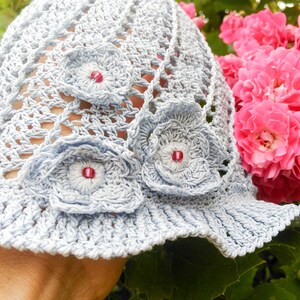 Summer knitted sun hat for 3-6 months girl / gently - blue crochet hat for girl / birthday gift