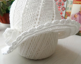 Summer knitted sun hat for 0-3 months girl / crochet white panama hat for girls / birthday gift