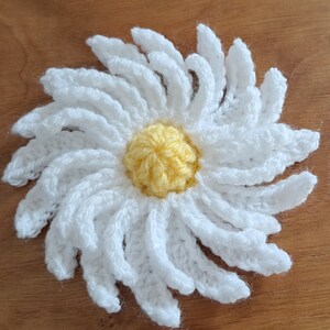 May include: A white crocheted daisy flower with a yellow centre.