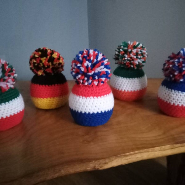 Crochet Bobble Hat Chocolate Orange or Bath Bomb Cover International Flag Football Rugby Sport Team Colours