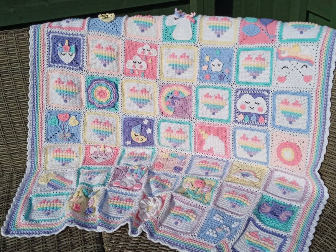 Crochet Unicorn Dreams Rainbow Hearts Afghan Blanket Etsy
