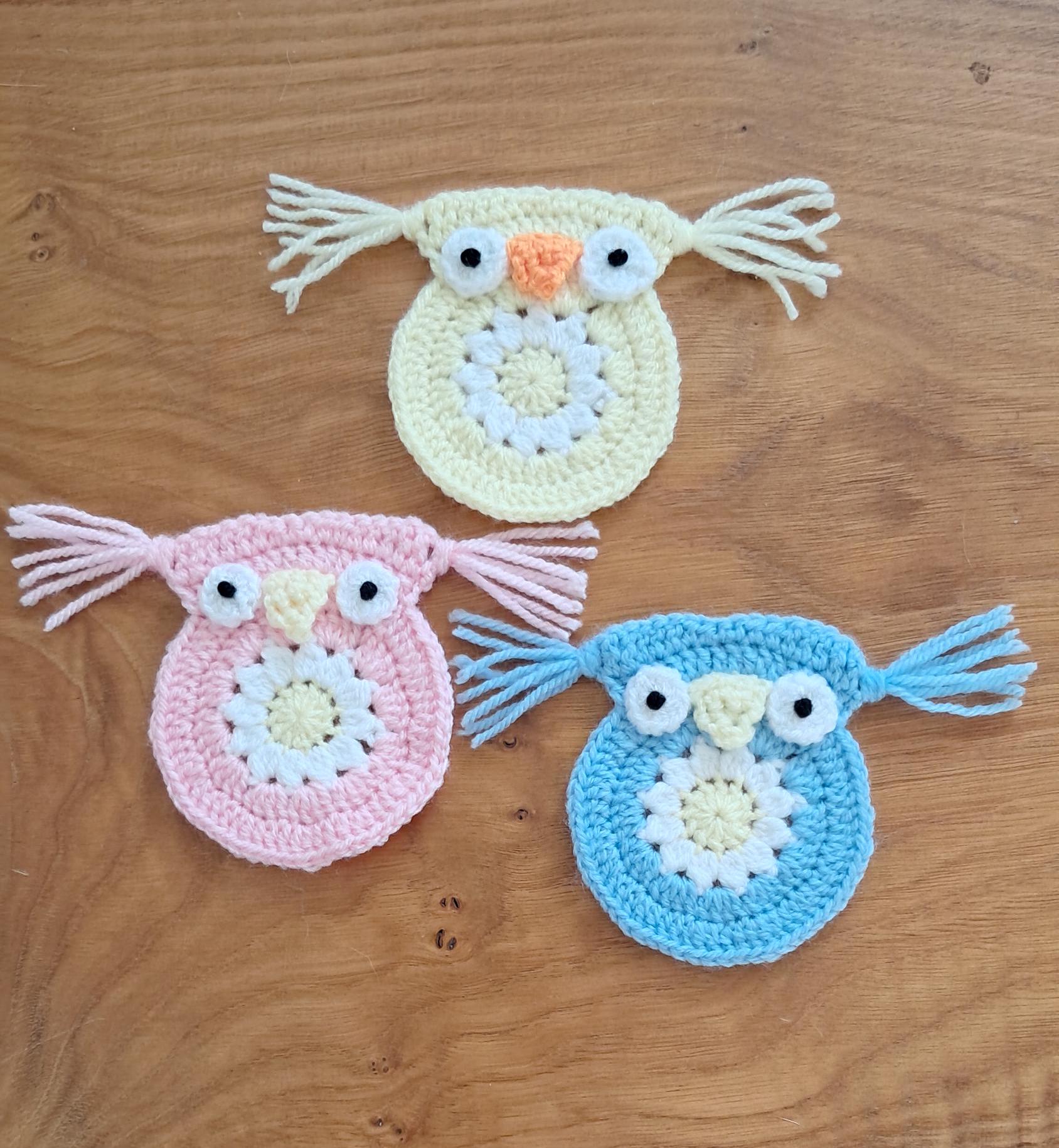 Crochet Medium Owl Applique Motif Pink, Pale Blue, Yellow Embellishment Sold Individually