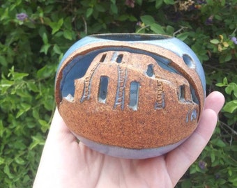 Hand Made Blue Ceramic Lantern with Adobe cutouts, Thrown Pottery, Initialed by artist