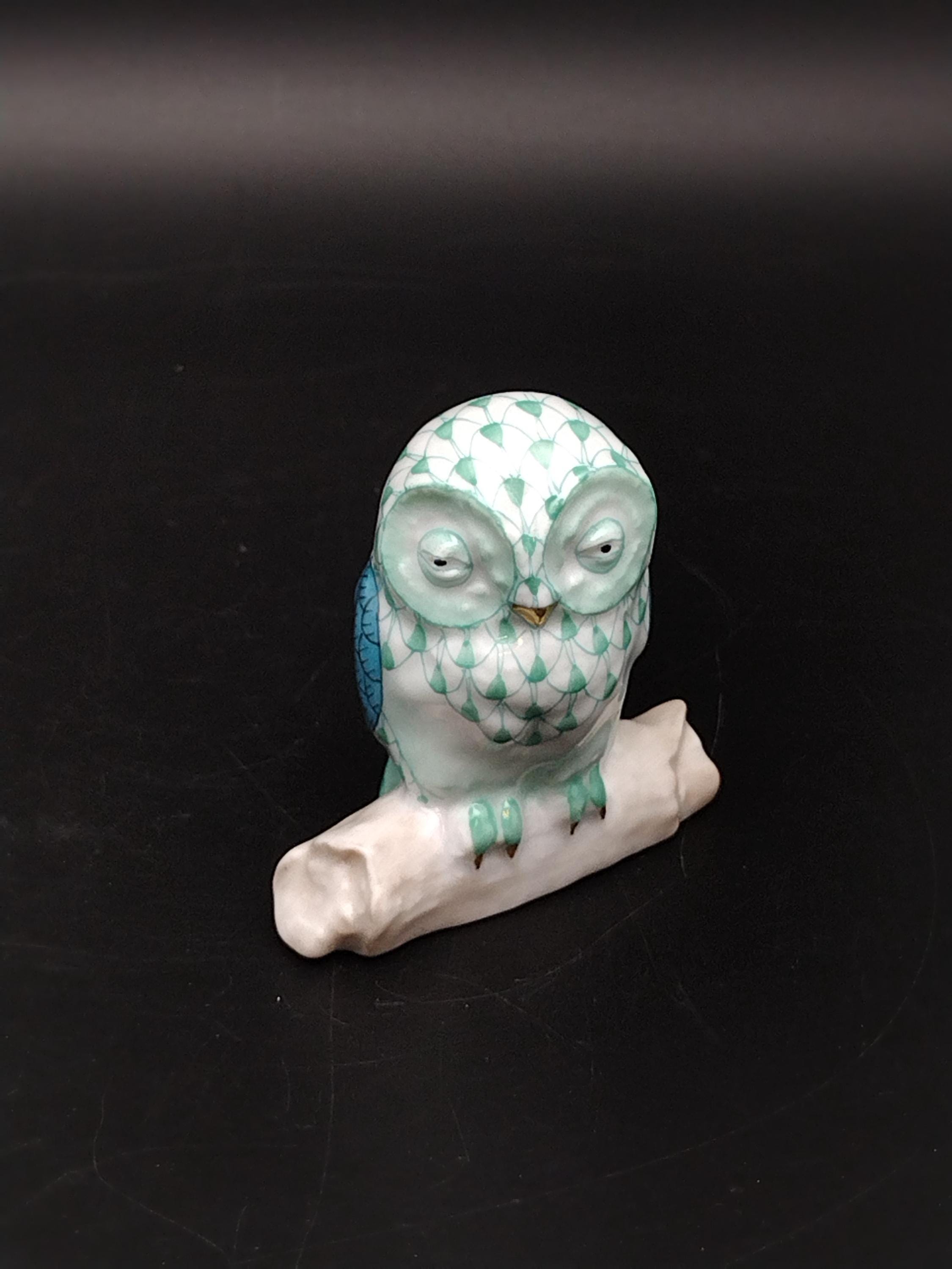Herend owl sitting on a branch, teal fishnet, rare, vintage, collectable, made in Hungary