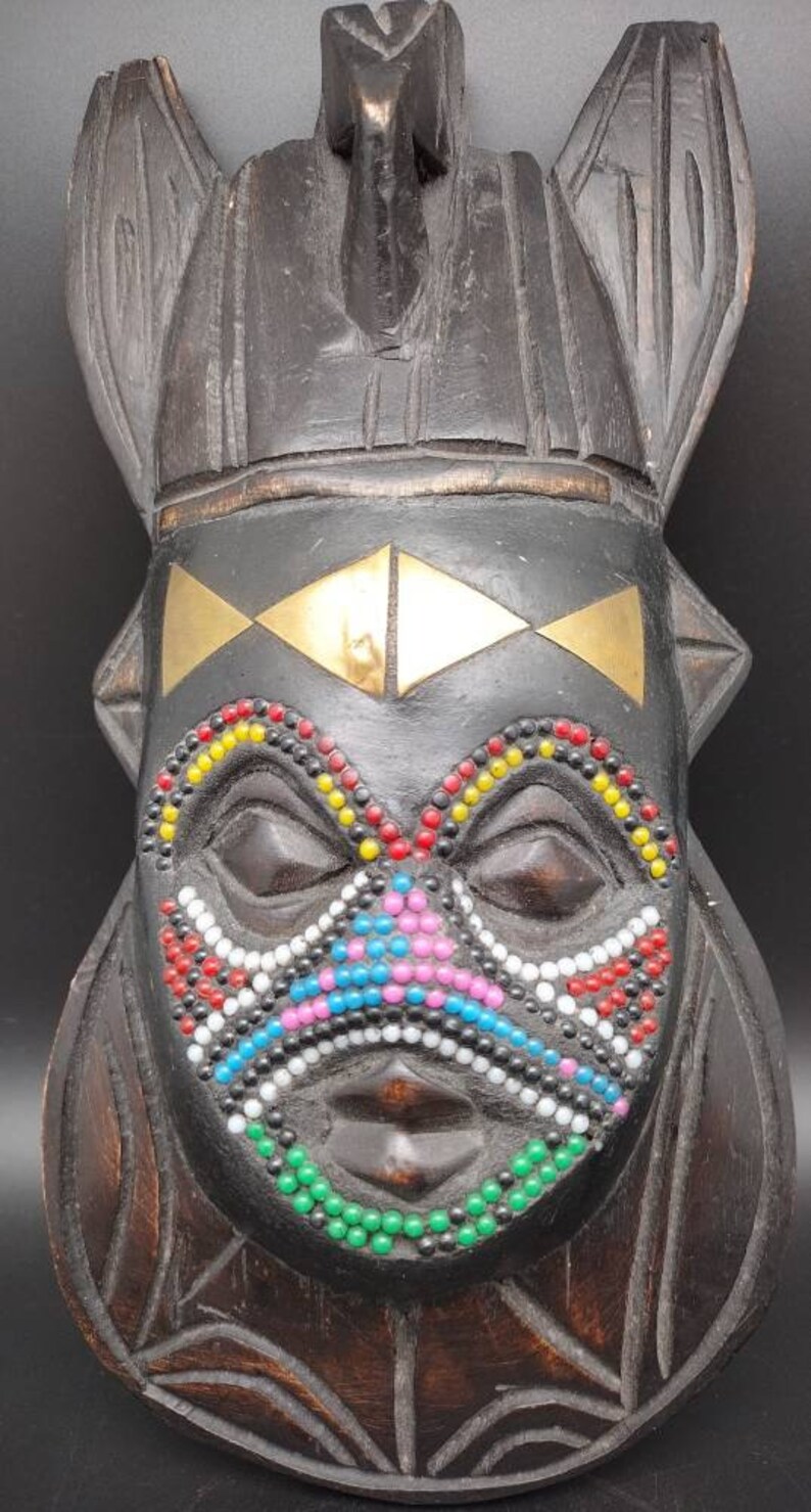 Ghana Africa Face Mask Wall Hanging, Made by the Ashanti, Beads, Bronze