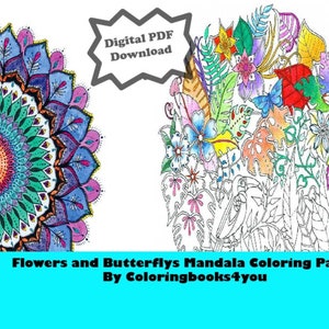 Floral and Butterfly mandala coloring pages. Adult coloring pages. 5 beautiful black and white mandala coloring images  :download pdf