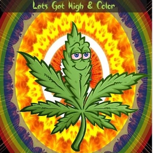 May include: A coloring book cover with a green marijuana leaf with a smiling face. The background is a psychedelic rainbow pattern with the text "Pothead and Stoners Coloring Book Lets Get High & Color" and "50 Trippy Hippy Images To Color".