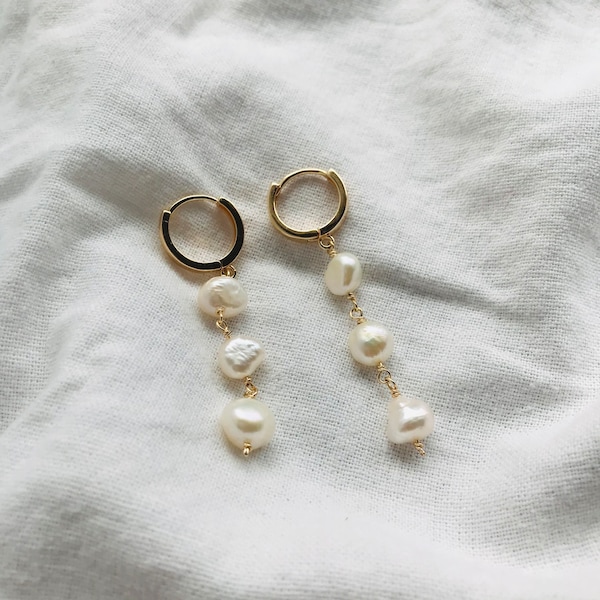 Pearl Dangle Hoop Earrings | Hypoallergenic Earrings | Bridal Earrings | Dainty Dangle Earrings